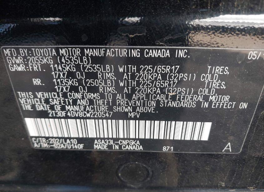 Photo 9 of 2012 Toyota Rav4 LIMITED (VIN 2T3DF4DV8CW220547)