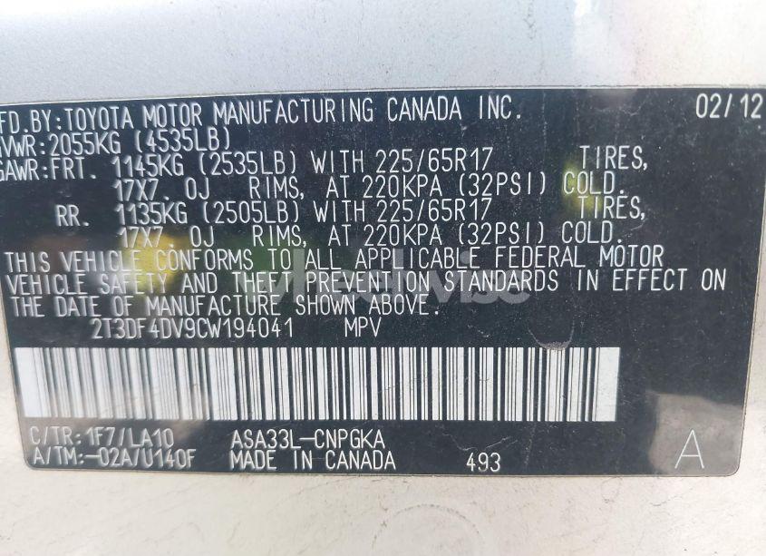 Photo 9 of 2012 Toyota Rav4 LIMITED (VIN 2T3DF4DV9CW194041)