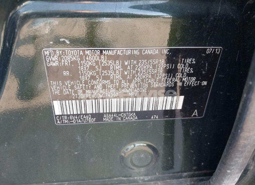 Photo 9 of 2013 Toyota Rav4 LIMITED (VIN 2T3DFREV0DW074397)