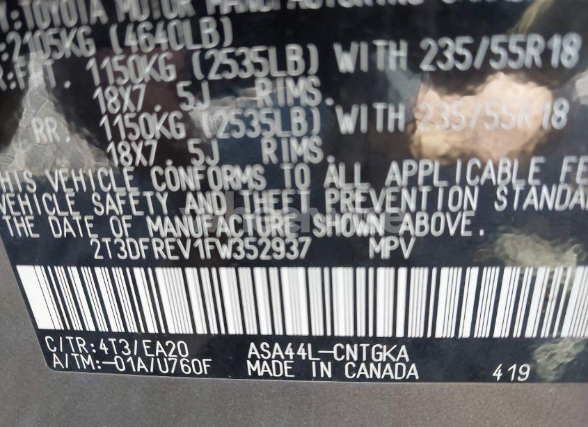 Photo 9 of 2015 Toyota Rav4 LIMITED (VIN 2T3DFREV1FW352937)