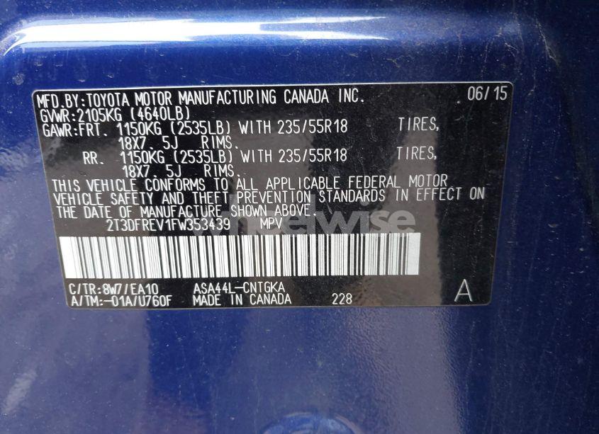 Photo 9 of 2015 Toyota Rav4 LIMITED (VIN 2T3DFREV1FW353439)