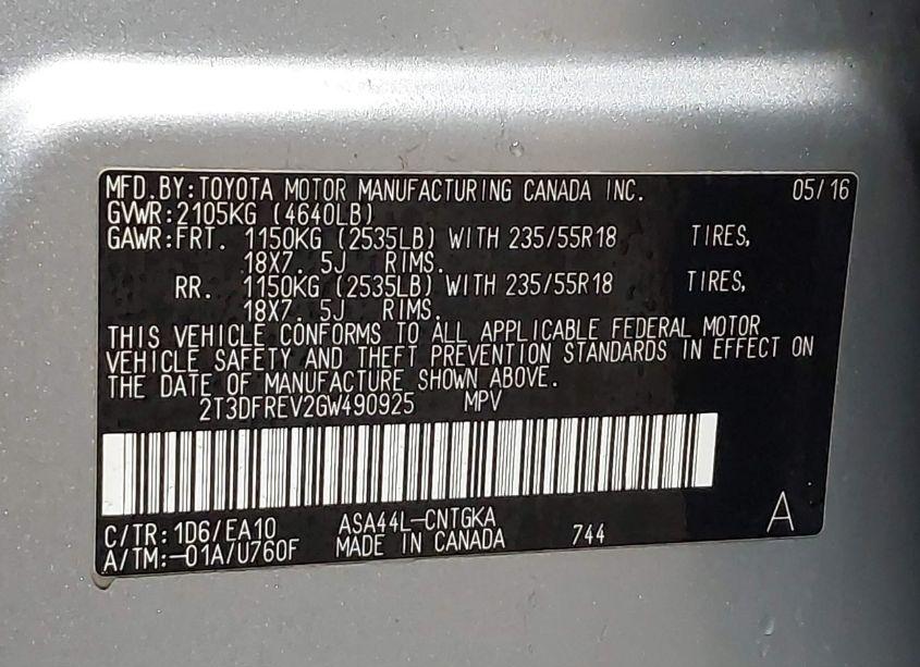 Photo 9 of 2016 Toyota Rav4 LIMITED (VIN 2T3DFREV2GW490925)