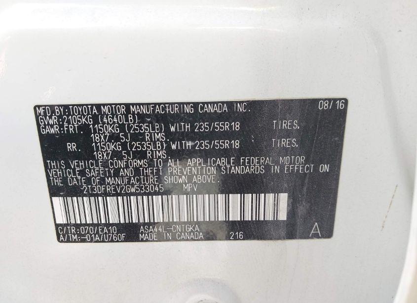 Photo 9 of 2016 Toyota Rav4 LIMITED (VIN 2T3DFREV2GW533045)