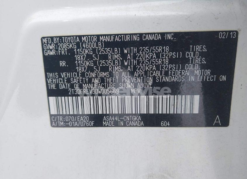 Photo 9 of 2013 Toyota Rav4 LIMITED (VIN 2T3DFREV3DW005669)