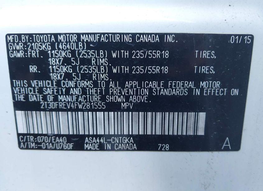 Photo 9 of 2015 Toyota Rav4 LIMITED (VIN 2T3DFREV4FW281555)