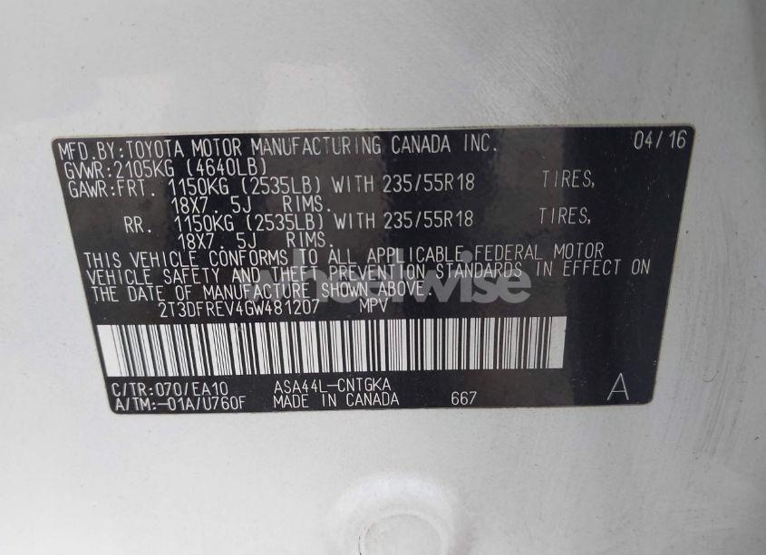 Photo 9 of 2016 Toyota Rav4 LIMITED (VIN 2T3DFREV4GW481207)