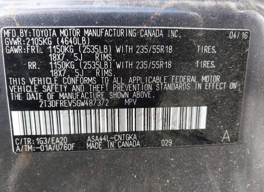 Photo 9 of 2016 Toyota Rav4 LIMITED (VIN 2T3DFREV5GW487372)