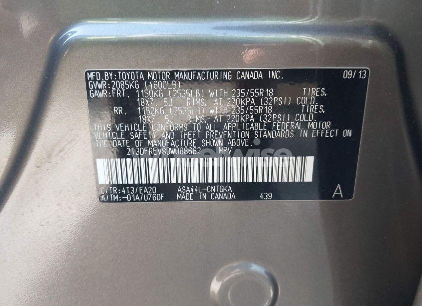 Photo 9 of 2013 Toyota Rav4 LIMITED (VIN 2T3DFREV8DW088662)