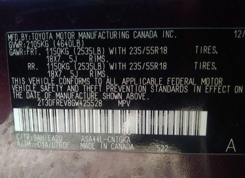 Photo 9 of 2016 Toyota Rav4 LIMITED (VIN 2T3DFREV8GW425528)