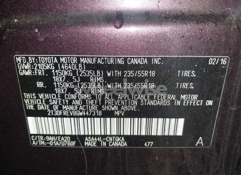 Photo 9 of 2016 Toyota Rav4 LIMITED (VIN 2T3DFREV8GW447318)