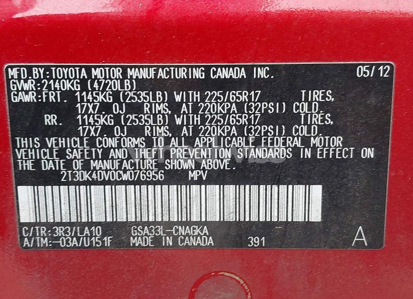 Photo 9 of 2012 Toyota Rav4 LIMITED V6 (VIN 2T3DK4DV0CW076956)