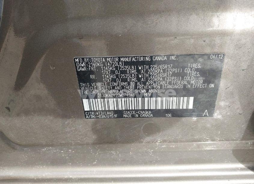 Photo 9 of 2012 Toyota Rav4 LIMITED V6 (VIN 2T3DK4DV2CW074948)