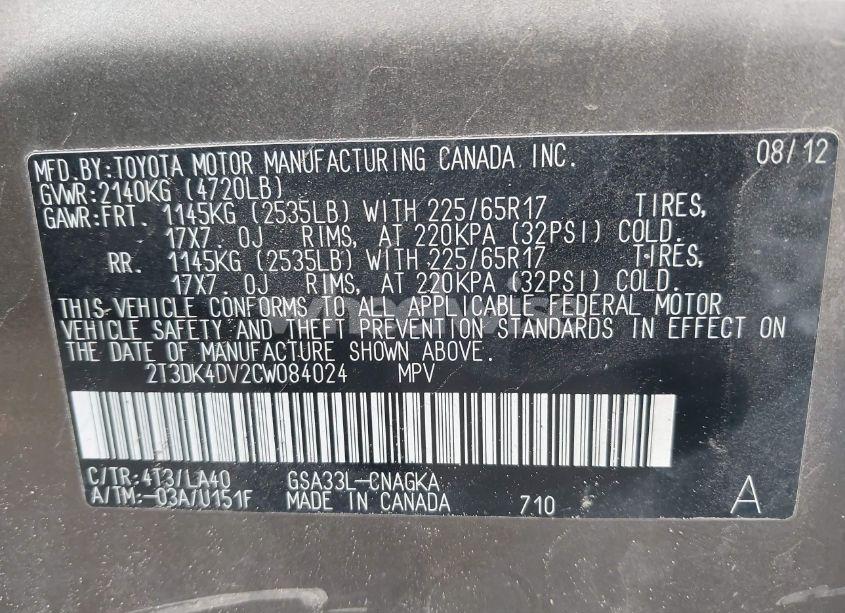 Photo 9 of 2012 Toyota Rav4 LIMITED V6 (VIN 2T3DK4DV2CW084024)