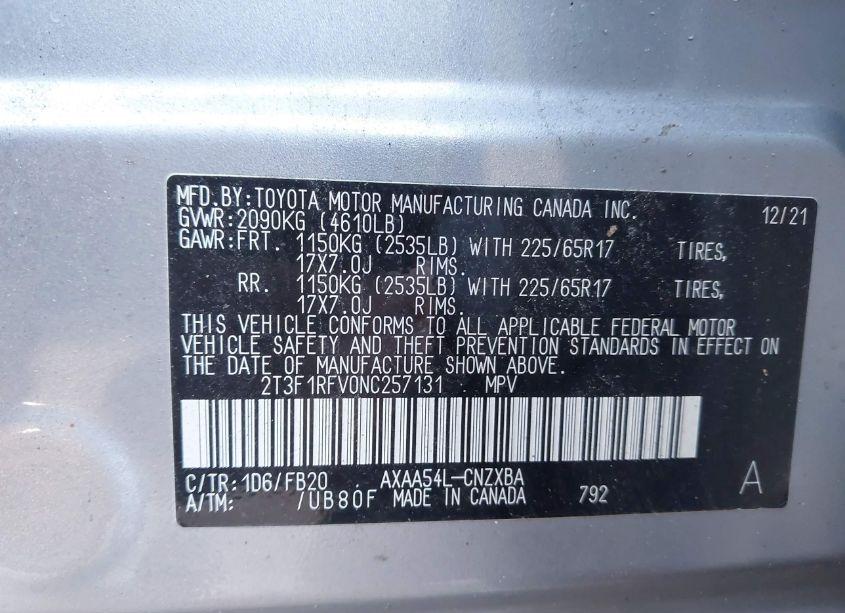 Photo 9 of 2022 Toyota Rav4 LE (VIN 2T3F1RFV0NC257131)