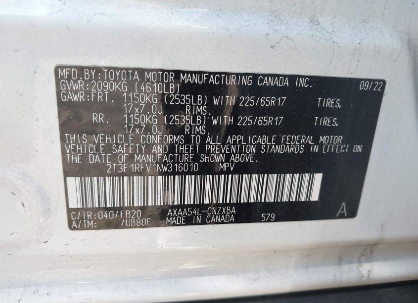 Photo 9 of 2022 Toyota Rav4 LE (VIN 2T3F1RFV1NW316010)