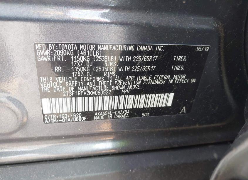 Photo 9 of 2019 Toyota Rav4 LE (VIN 2T3F1RFV2KW060522)