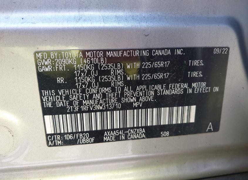 Photo 9 of 2022 Toyota Rav4 LE (VIN 2T3F1RFV3NW313710)