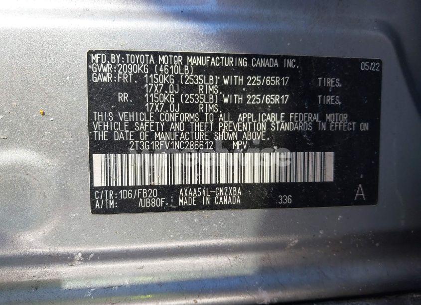 Photo 9 of 2022 Toyota Rav4 LE (VIN 2T3G1RFV1NC286612)