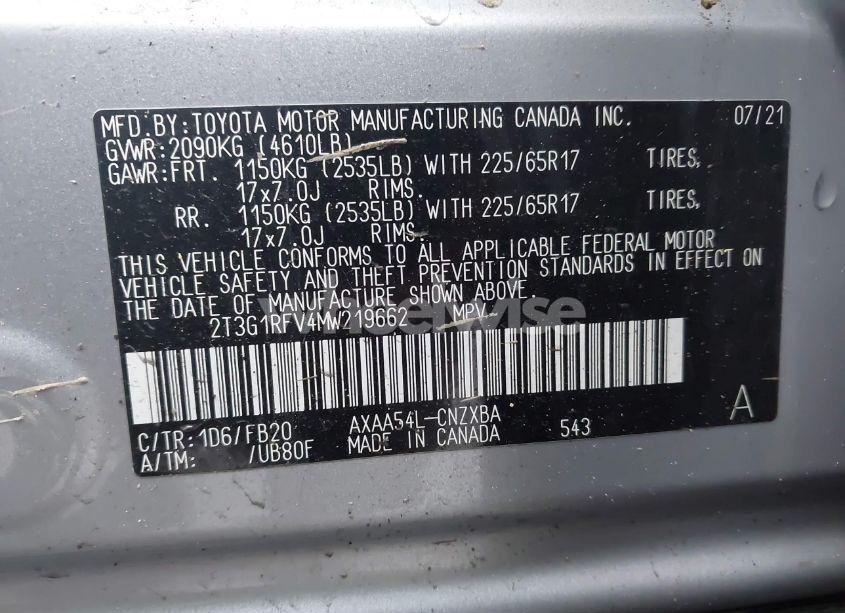 Photo 9 of 2021 Toyota Rav4 LE (VIN 2T3G1RFV4MW219662)