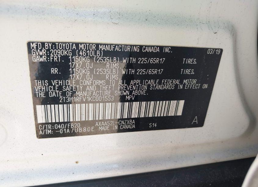 Photo 9 of 2019 Toyota Rav4 LE (VIN 2T3H1RFV1KC001553)