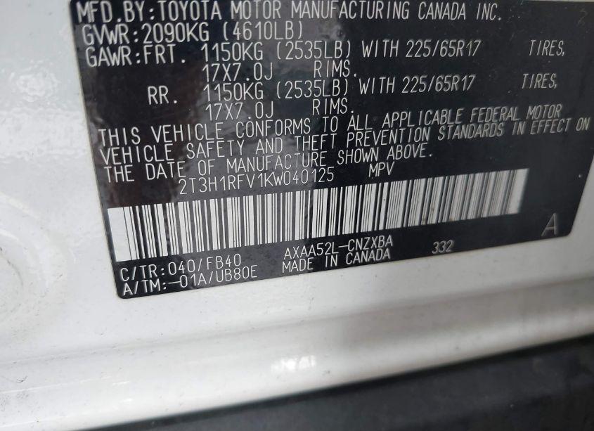 Photo 9 of 2019 Toyota Rav4 LE (VIN 2T3H1RFV1KW040125)