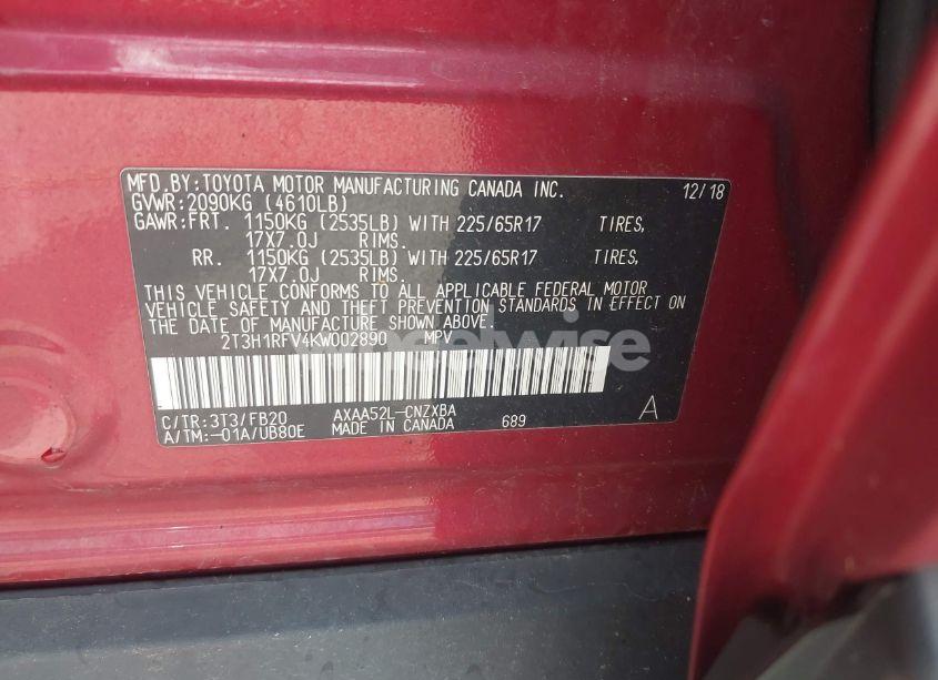 Photo 9 of 2019 Toyota Rav4 LE (VIN 2T3H1RFV4KW002890)