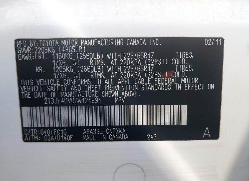 Photo 9 of 2011 Toyota Rav4 (VIN 2T3JF4DV0BW124994)