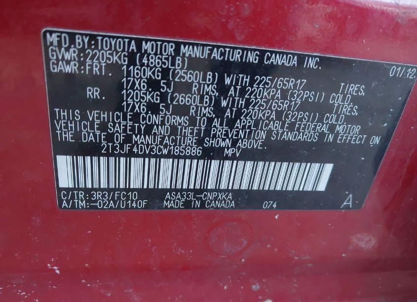 Photo 9 of 2012 Toyota Rav4 (VIN 2T3JF4DV3CW185886)