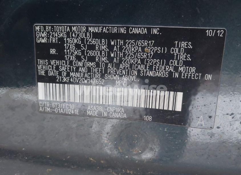 Photo 9 of 2012 Toyota Rav4 (VIN 2T3KF4DV2CW147652)