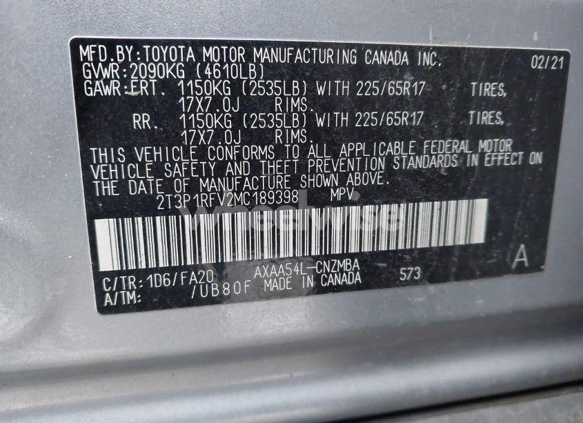 Photo 9 of 2021 Toyota Rav4 XLE (VIN 2T3P1RFV2MC189398)
