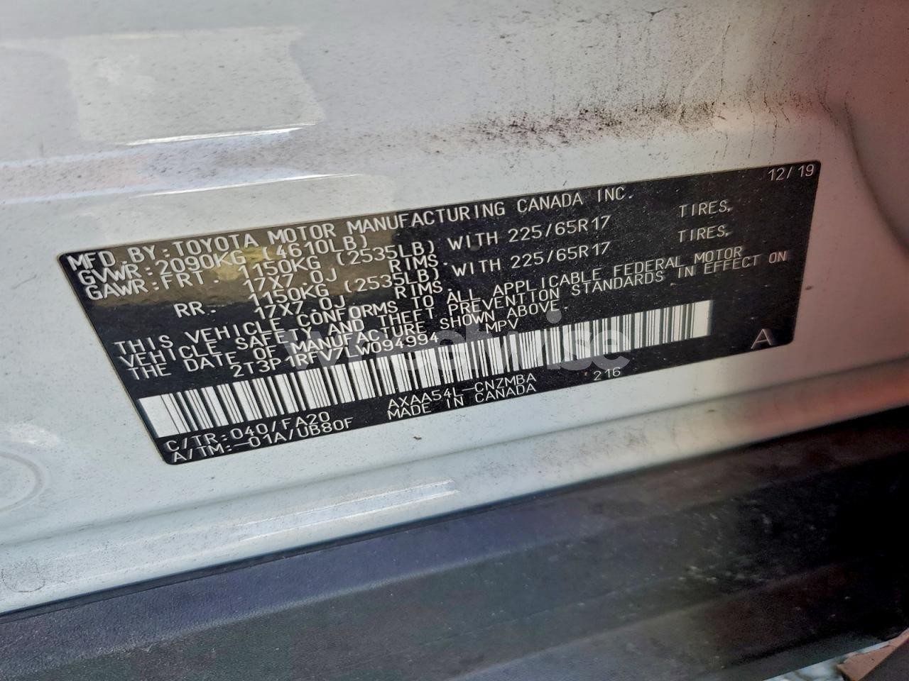 Photo 13 of 2020 TOYOTA RAV4 XLE (VIN 2T3P1RFV7LW094994)