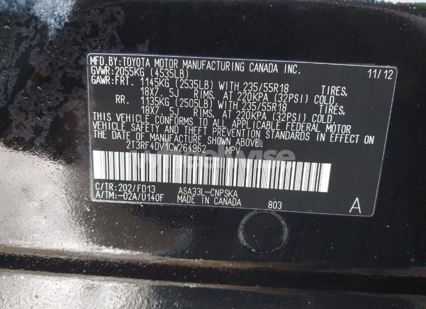 Photo 6 of 2012 Toyota Rav4 SPORT (VIN 2T3RF4DV1CW264962)