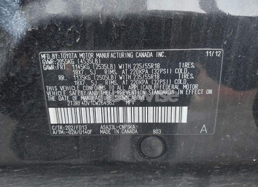 Photo 9 of 2012 Toyota Rav4 SPORT (VIN 2T3RF4DV1CW264962)