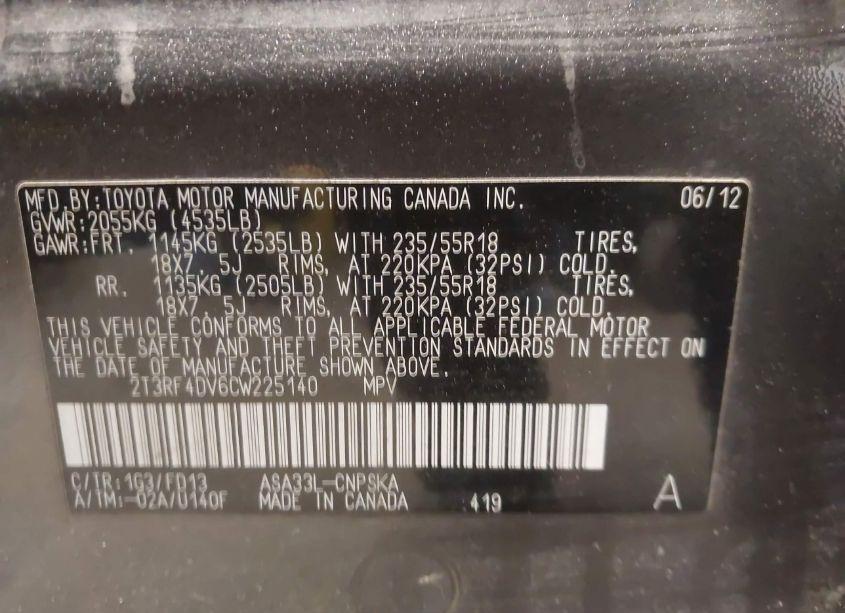 Photo 9 of 2012 Toyota Rav4 SPORT (VIN 2T3RF4DV6CW225140)