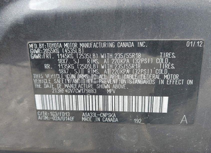 Photo 9 of 2012 Toyota Rav4 SPORT (VIN 2T3RF4DV7CW179883)