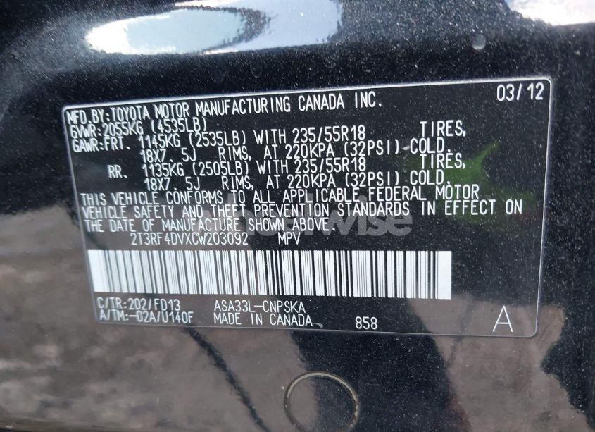 Photo 9 of 2012 Toyota Rav4 SPORT (VIN 2T3RF4DVXCW203092)