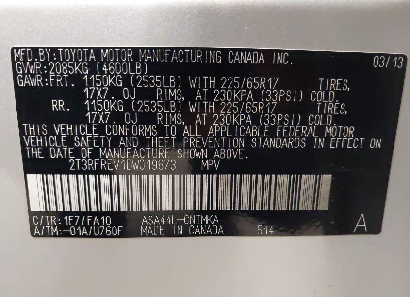 Photo 9 of 2013 Toyota Rav4 XLE (VIN 2T3RFREV1DW019673)