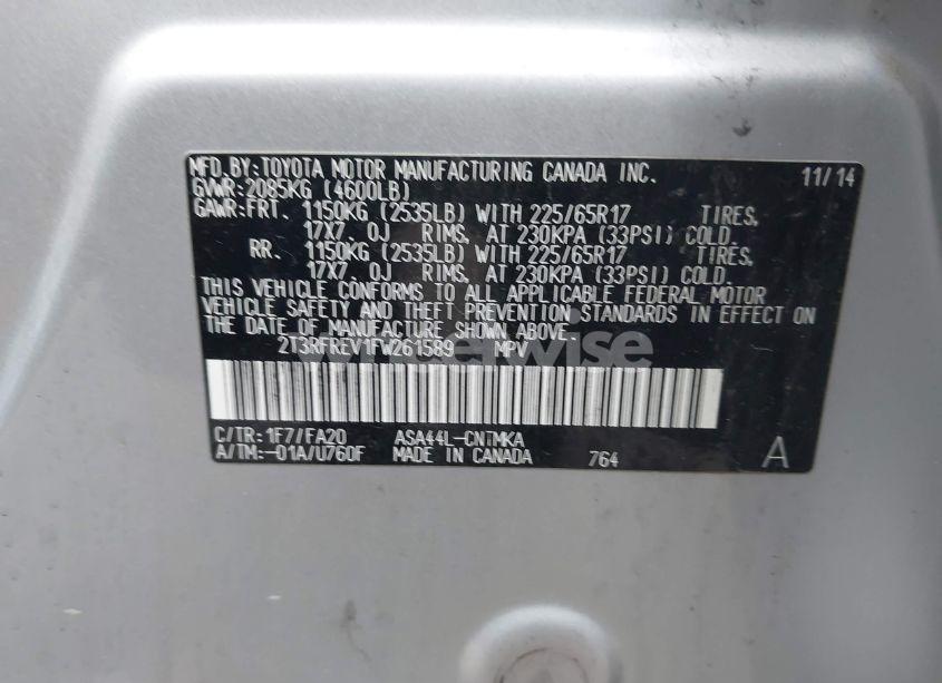 Photo 9 of 2015 Toyota Rav4 XLE (VIN 2T3RFREV1FW261589)