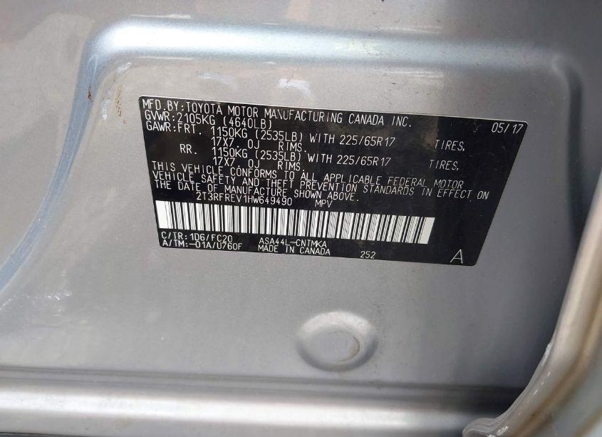 Photo 9 of 2017 Toyota Rav4 XLE (VIN 2T3RFREV1HW649490)