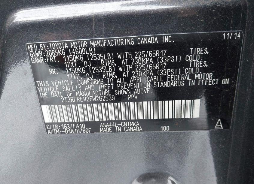 Photo 9 of 2015 Toyota Rav4 XLE (VIN 2T3RFREV2FW262539)