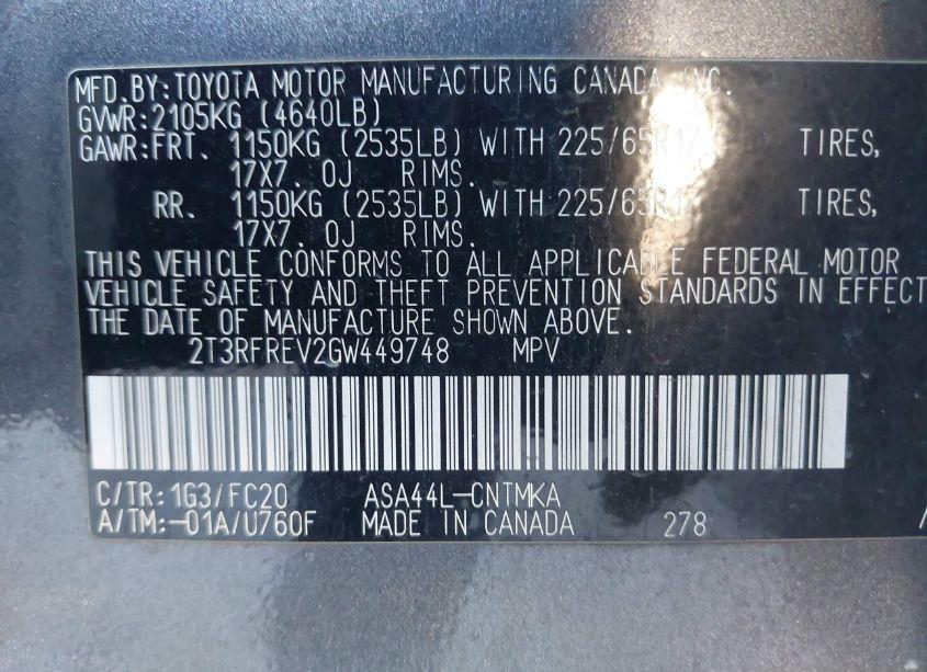 Photo 9 of 2016 Toyota Rav4 XLE (VIN 2T3RFREV2GW449748)