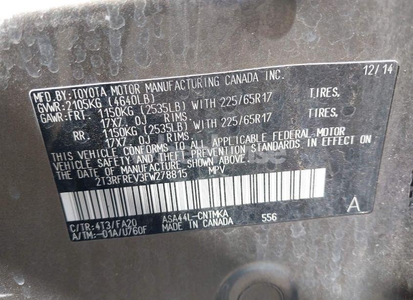 Photo 9 of 2015 Toyota Rav4 XLE (VIN 2T3RFREV3FW278815)