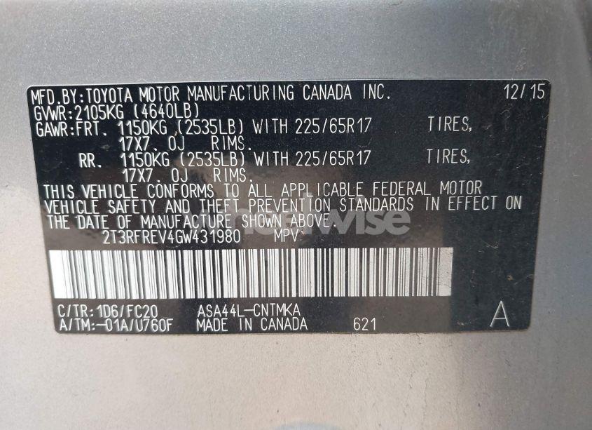 Photo 9 of 2016 Toyota Rav4 XLE (VIN 2T3RFREV4GW431980)