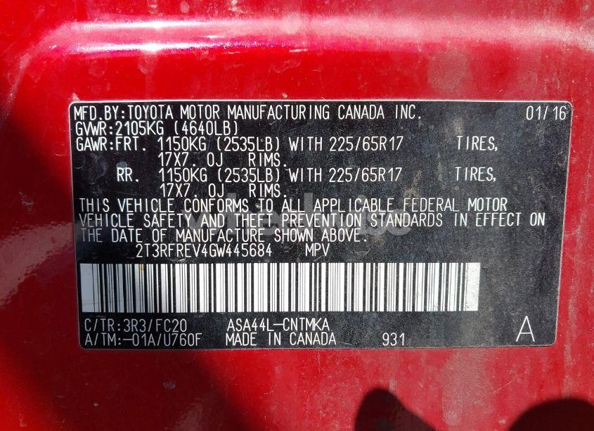 Photo 9 of 2016 Toyota Rav4 XLE (VIN 2T3RFREV4GW445684)