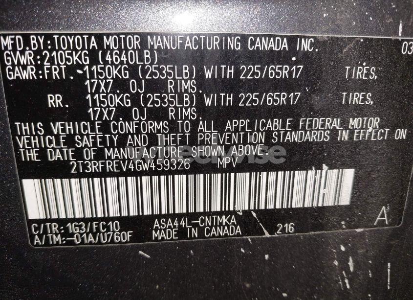 Photo 9 of 2016 Toyota Rav4 XLE (VIN 2T3RFREV4GW459326)