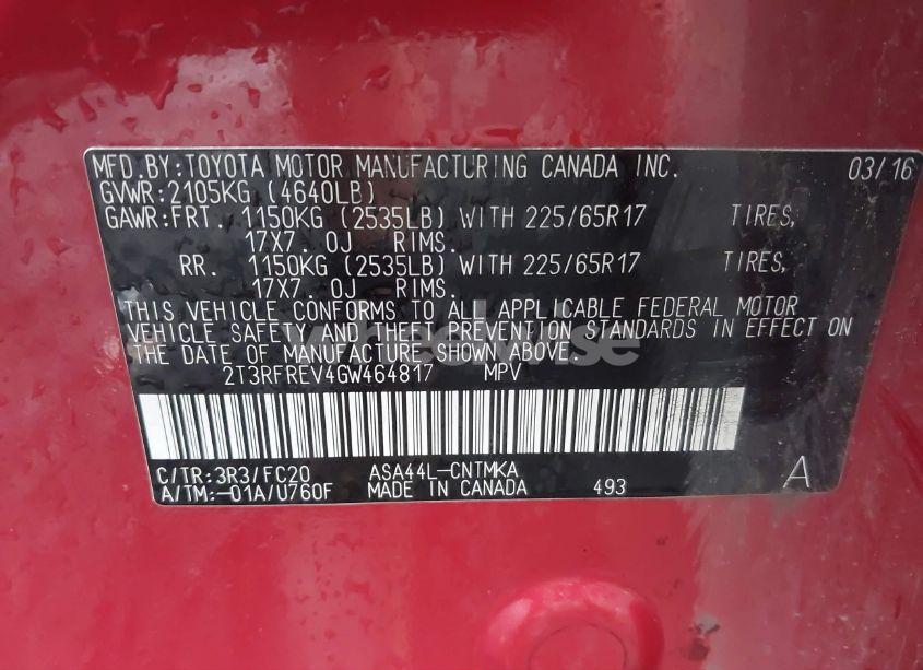 Photo 9 of 2016 Toyota Rav4 XLE (VIN 2T3RFREV4GW464817)