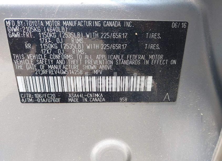 Photo 9 of 2016 Toyota Rav4 XLE (VIN 2T3RFREV4GW514258)