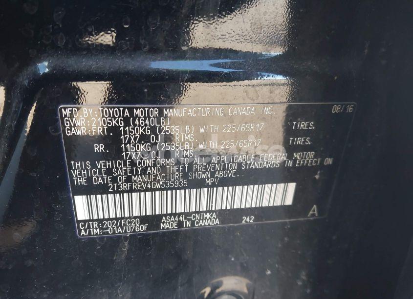 Photo 9 of 2016 Toyota Rav4 XLE (VIN 2T3RFREV4GW535935)