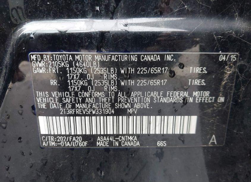 Photo 9 of 2015 Toyota Rav4 XLE (VIN 2T3RFREV5FW331904)