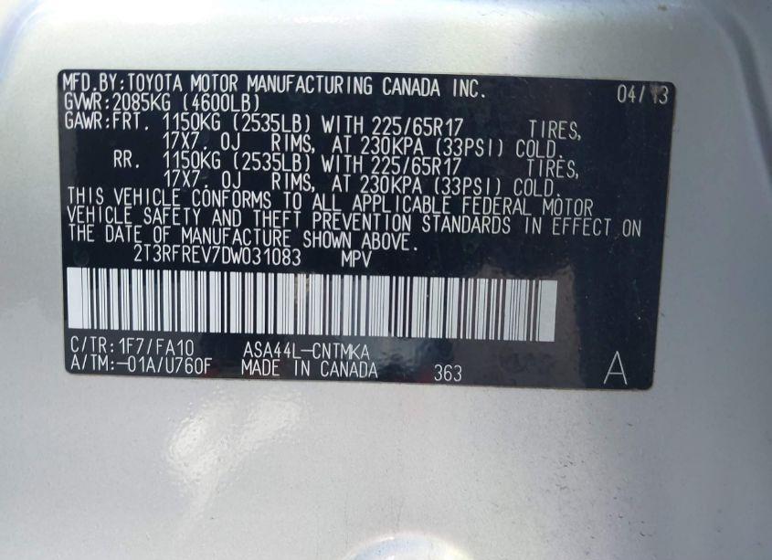 Photo 9 of 2013 Toyota Rav4 XLE (VIN 2T3RFREV7DW031083)